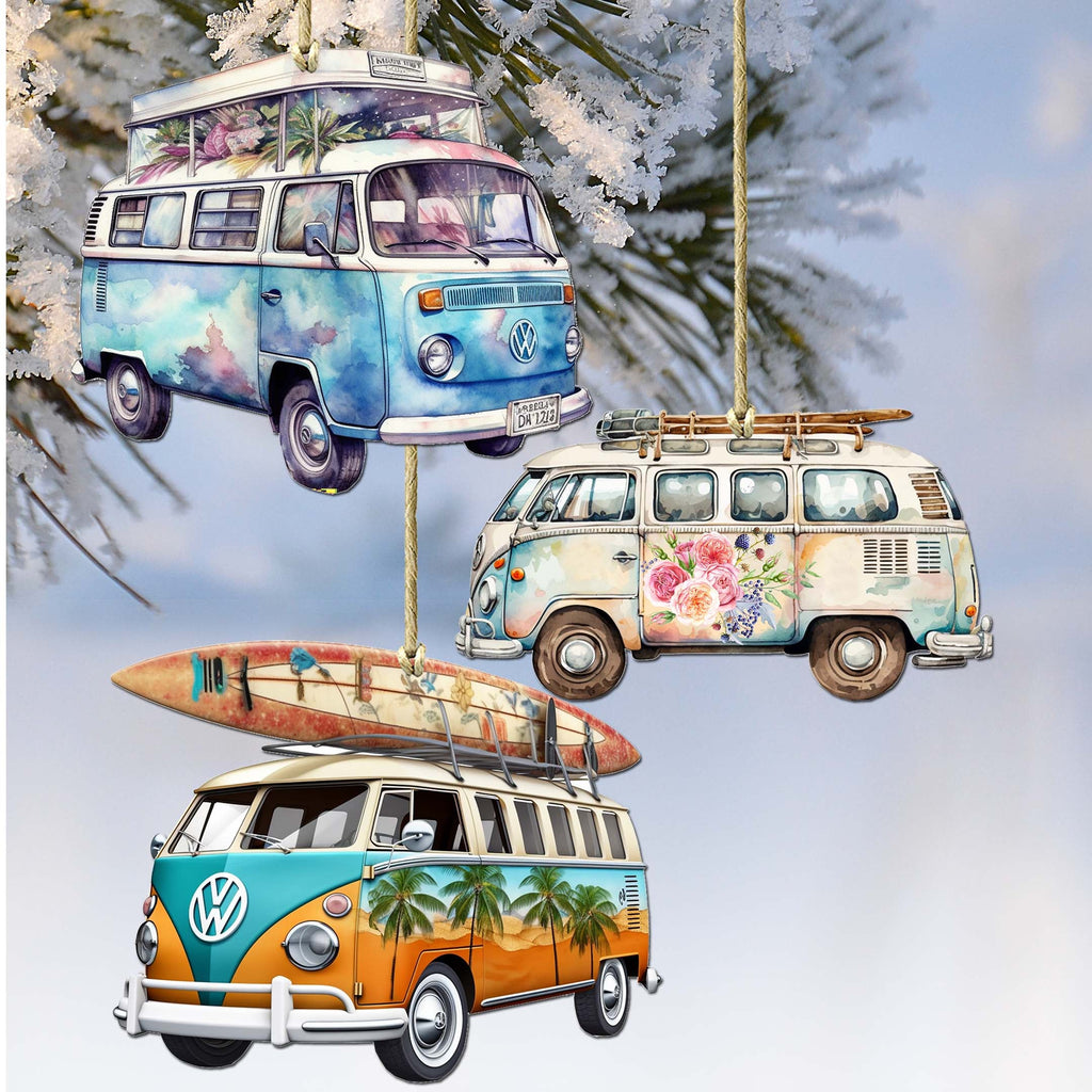 Surf Vans Decorative Eco Wood Ornaments Set of 3 by G. Debrekht - Coastal Decor - 8091040-S3