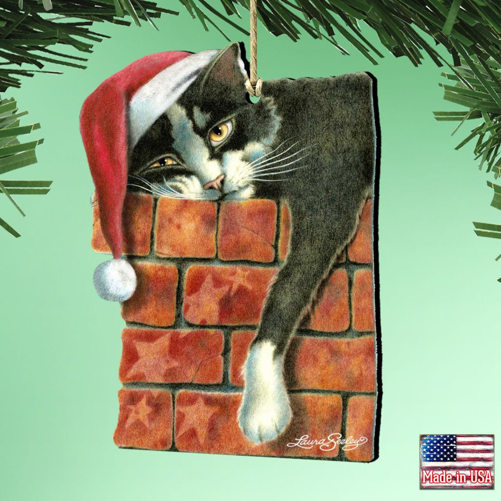 Peeking Tom Santa Cat Wooden Ornaments - Tree Ornament by Laura Seeley - Pets Dog and Cats Decor - 8512062-LS