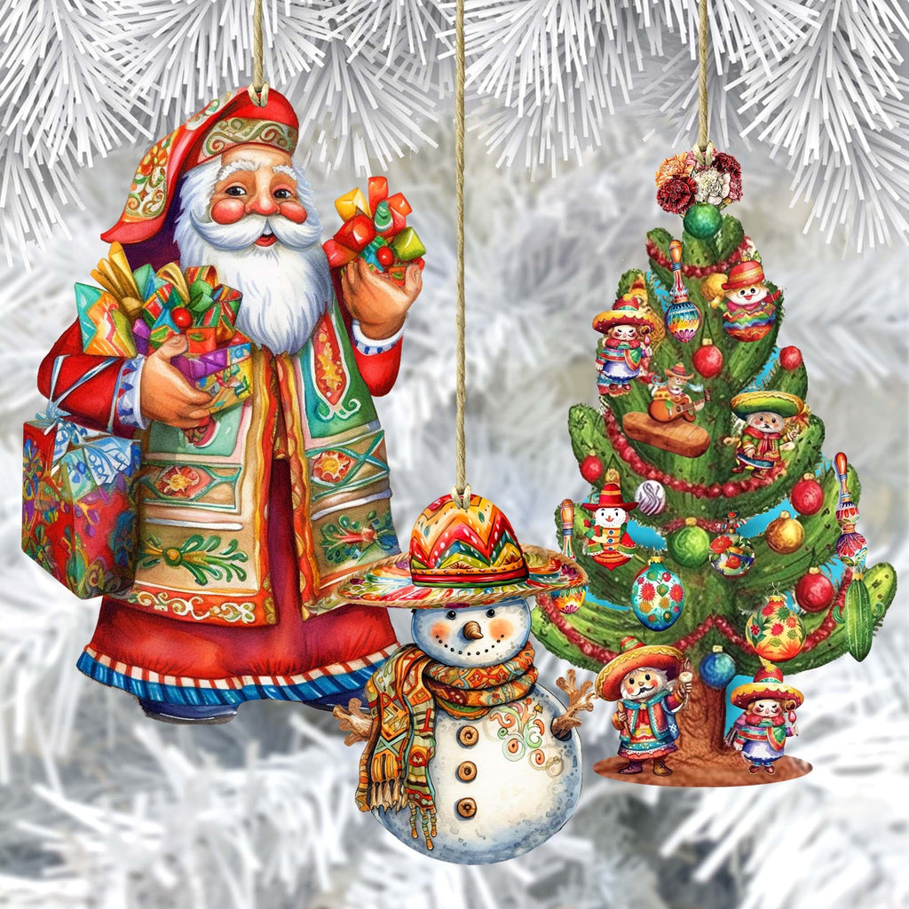 Santas Around the World - Mexican Inspired Santa - Eco Wood Ornaments Set of 3 by G. DeBrekht Christmas Santa Snowman Decor - 8091308S3