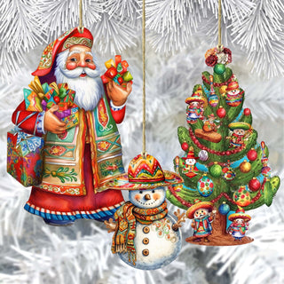 Santas Around the World - Mexican Inspired Santa - Eco Wood Ornaments Set of 3 by G. DeBrekht Christmas Santa Snowman Decor - 8091308S3