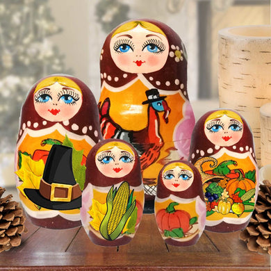 Thanksgiving Matreshka Nesting Hand-Painted Dolls Set of 5 by G. DeBrekht - Thanksgiving Halloween Decor - 130261