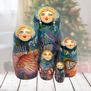 Sea Princess Matreshka Stacking Hand-Painted Dolls Set of 5 by G. DeBrekht - Coastal Holiday Decor - 130116