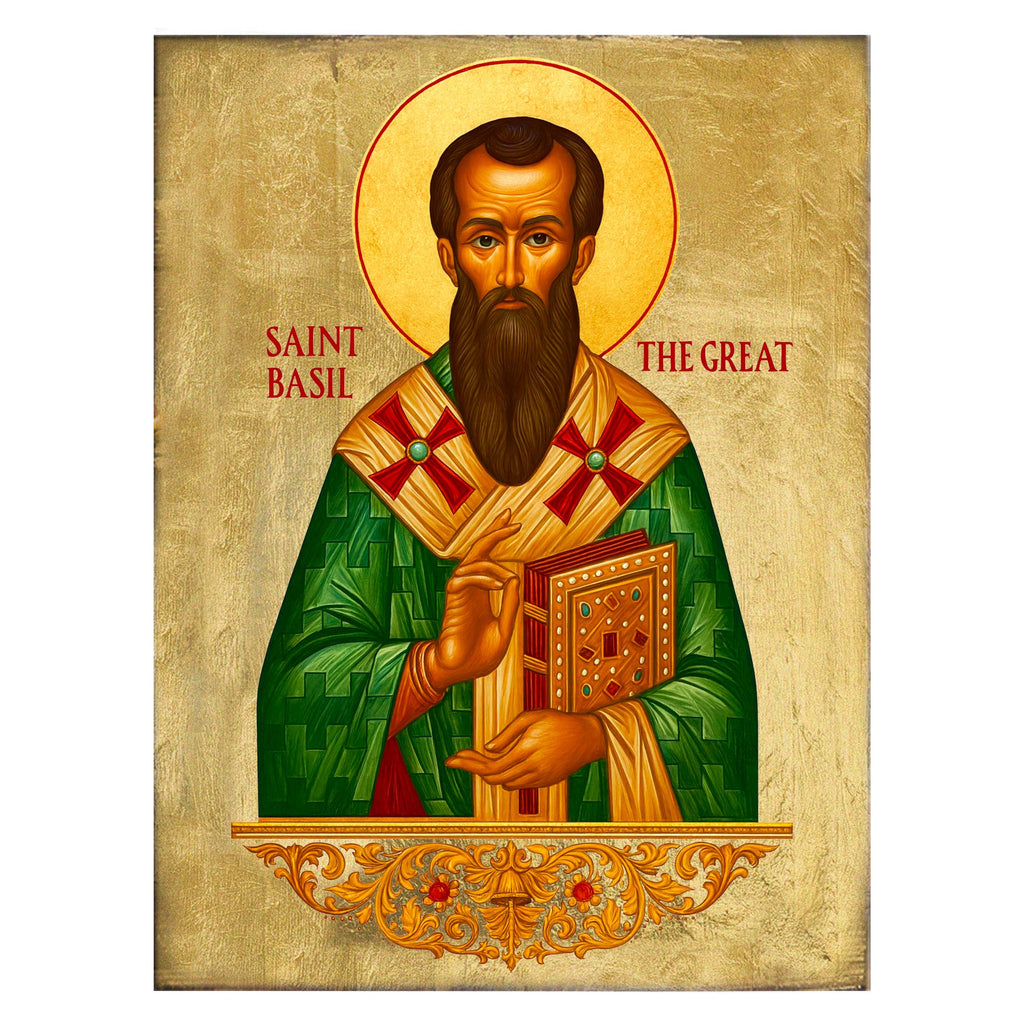Saint Basil, a famous Russian Orthodox saint, wearing a green robe and holding a book.