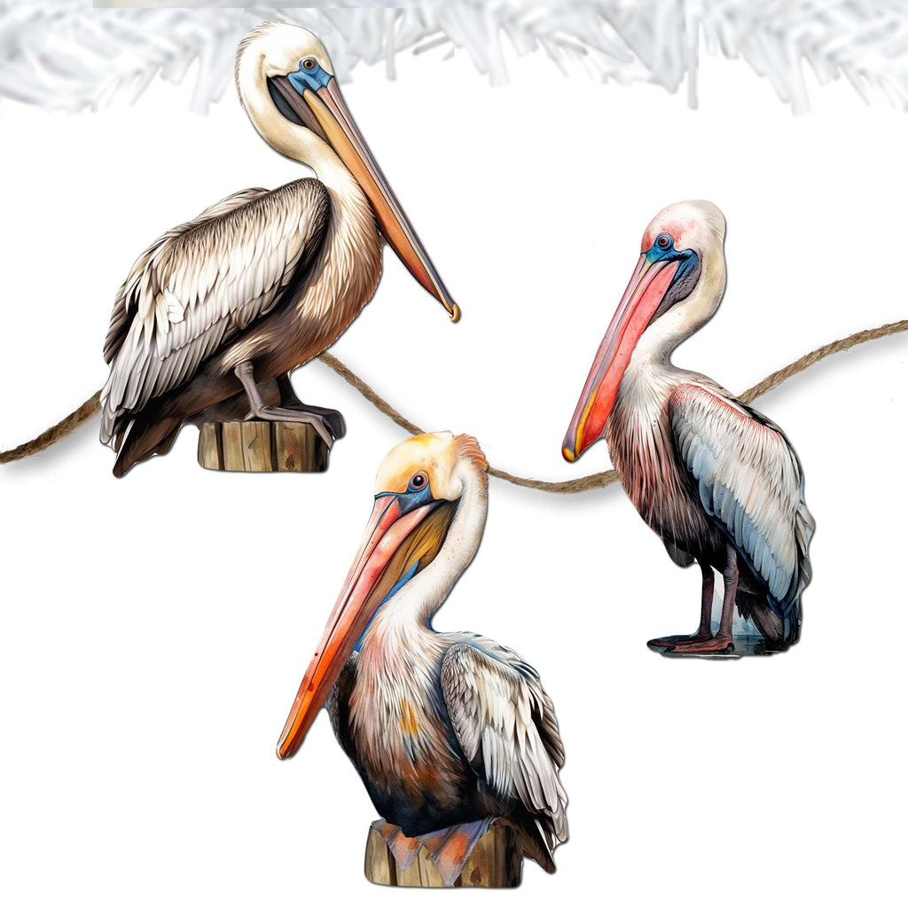 Pelicans Clip-On Eco Wood Decorative Ornaments Set of 3 by G. Debrekht - Christmas Decor - 8091014C-S3