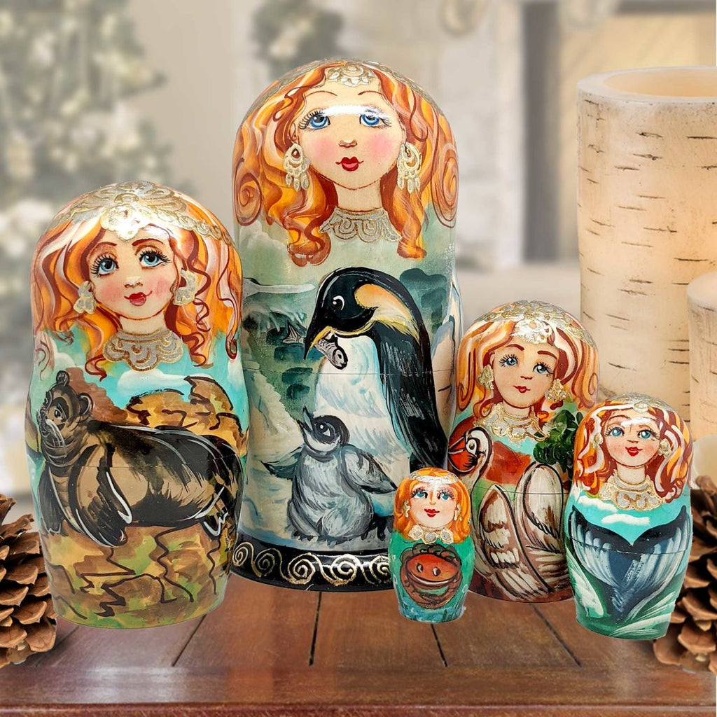 Penguins Family Matreshka Nesting Hand-Painted Doll Set of 5 by G. DeBrekht - Coastal Holiday Decor - 140811