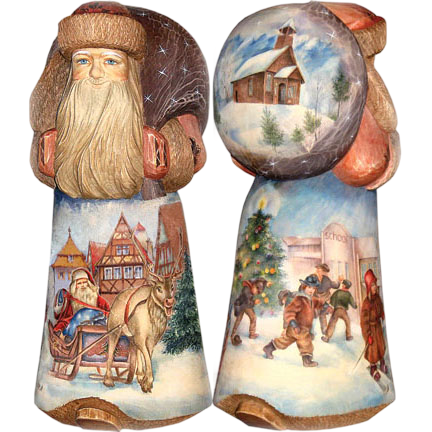 two wooden figurines depicting scenes from a winter holiday. One figurine shows a person riding a sleigh pulled by a reindeer, while the other depicts a group of people walking through a snowy landscape with a church in the background.