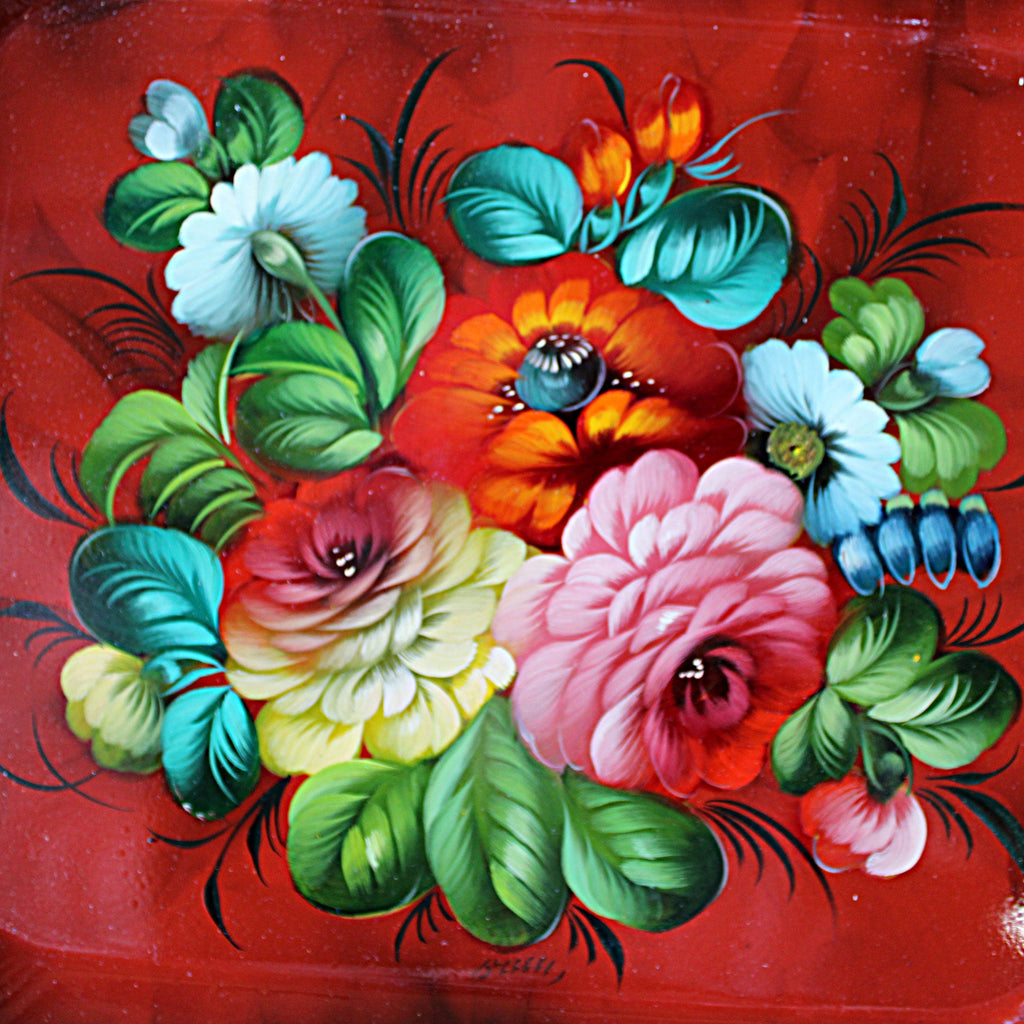 Authentic Zhostovo Hand-Painted Black Metal Tray - Floral Kitchenware Gift One-of-a-Kind Work of Art by G. Debrekht 13 x 11 - Functional Kitchenware Table and Unique Wall Decor