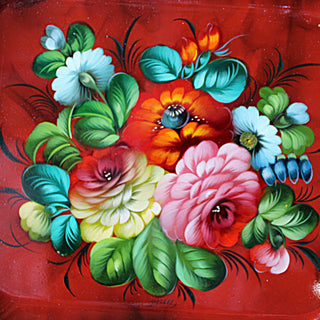 Authentic Zhostovo Hand-Painted Black Metal Tray - Floral Kitchenware Gift One-of-a-Kind Work of Art by G. Debrekht 13 x 11 - Functional Kitchenware Table and Unique Wall Decor
