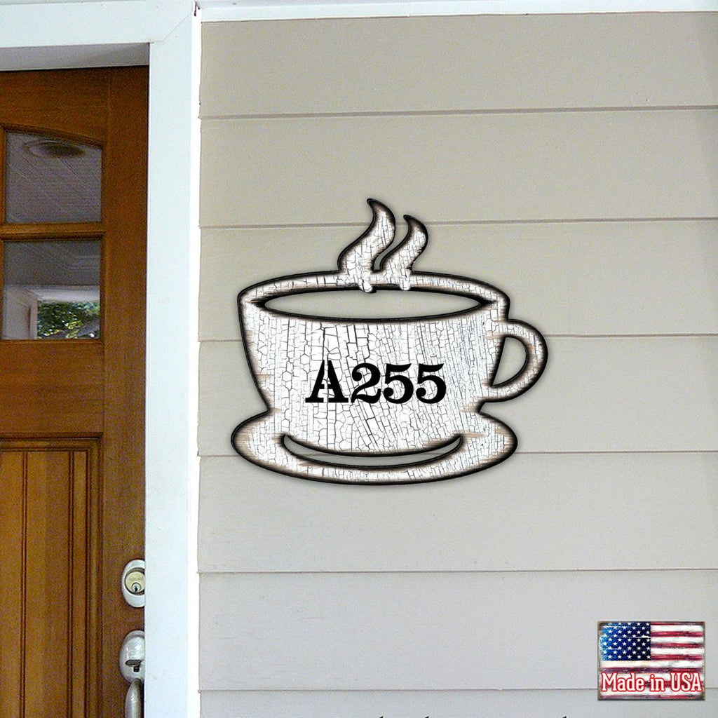 Tea Cup Wooden Custom House Number Sign by G. DeBrekht - Love Family Kids Decor - Handcrafted Wooden Handcrafted Wooden Handcrafted Wooden Address Sign - MA98438