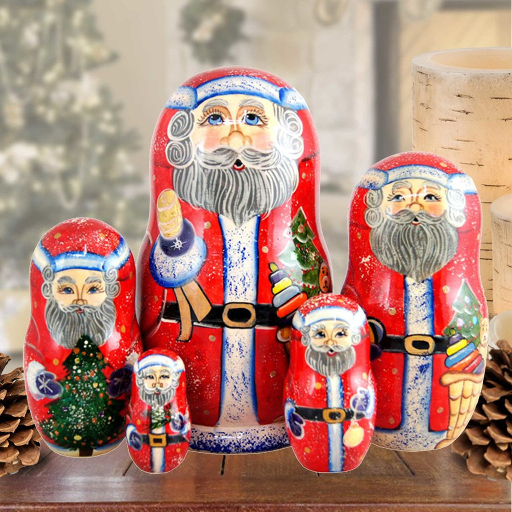 Bell Rink Santa Matreshka Nesting Hand-Painted Doll Set of 5 by G. DeBrekht - Christmas Santa Snowman Decor - 110082