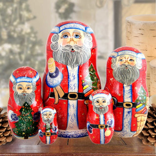 Bell Rink Santa Matreshka Nesting Hand-Painted Doll Set of 5 by G. DeBrekht - Christmas Santa Snowman Decor - 110082