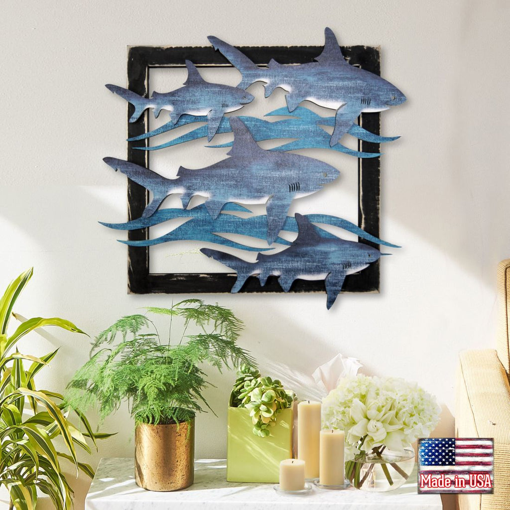 Great White Sharks Rustic Wood Wall Decor by G. DeBrekht - Coastal Sea-Life Decor - G98515S4