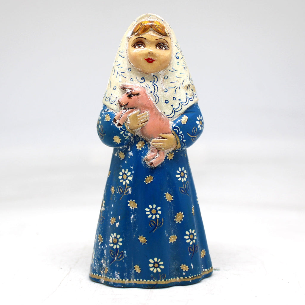 One-of-a-Kind - Girl with Piglet WOODCARVED Figurine 4.5x2x1.5 by G.DeBrekht - Unique Handcrafted and Hand-Painted Collectible