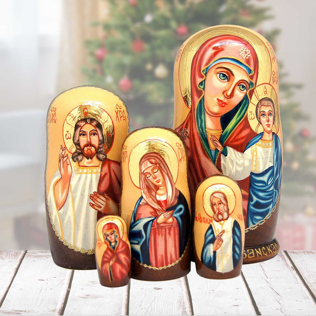 Icon Golden Stacking Matreshka Nesting Hand-Painted Dolls Set of 5 by G. DeBrekht - Nativity Holiday Decor - 130123