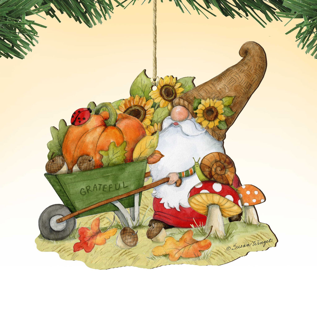 Autumn Decoration Grateful Harvest Gnome with Wheelbarrow and Cornucopia - Handmade Gift by Susan Winget - 8471207-SW