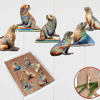 Magic Sea Lions Clip-On Eco Wood Decorative Ornaments Set of 6 by G. Debrekht - Wildlife Decor - 8090112C-S6