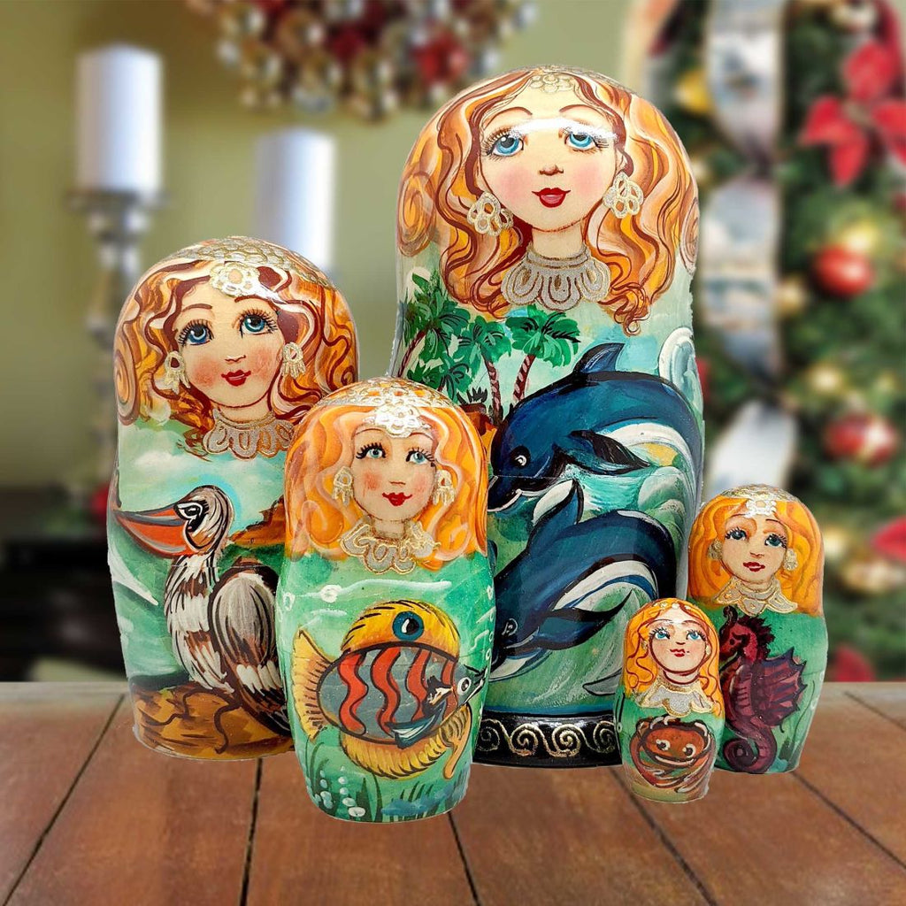 Dolphins Family Matreshka Nesting Hand-Painted Doll Set of 5 by G. DeBrekht - Coastal Holiday Decor - 140813