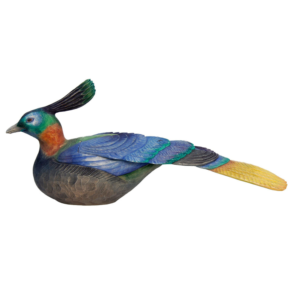 One-of-a-Kind Colorful Peacock Hand-Carved Oversized Wooden Box Figurine