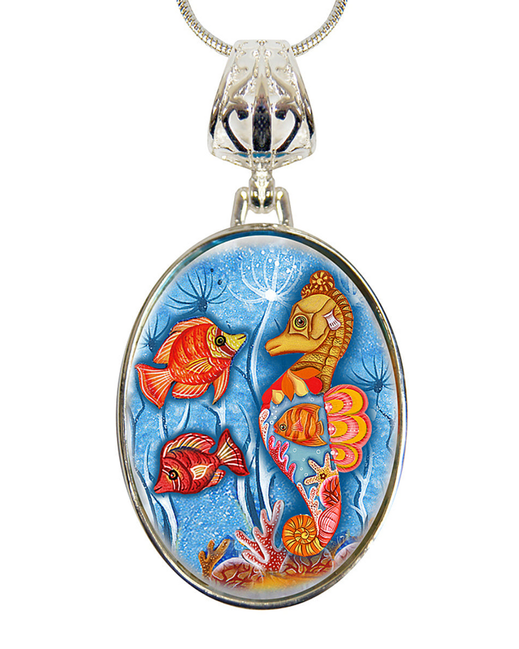 A pendant necklace with a circular design featuring a vibrant underwater scene with colorful fish and a seahorse.