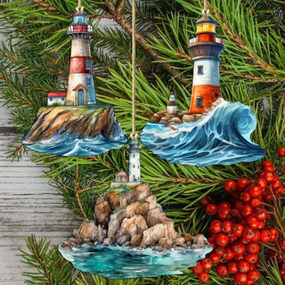 Lighthouse Decorative Eco Wood Ornaments Set of 3 by G. Debrekht - Coastal Decor - 8091022-S3