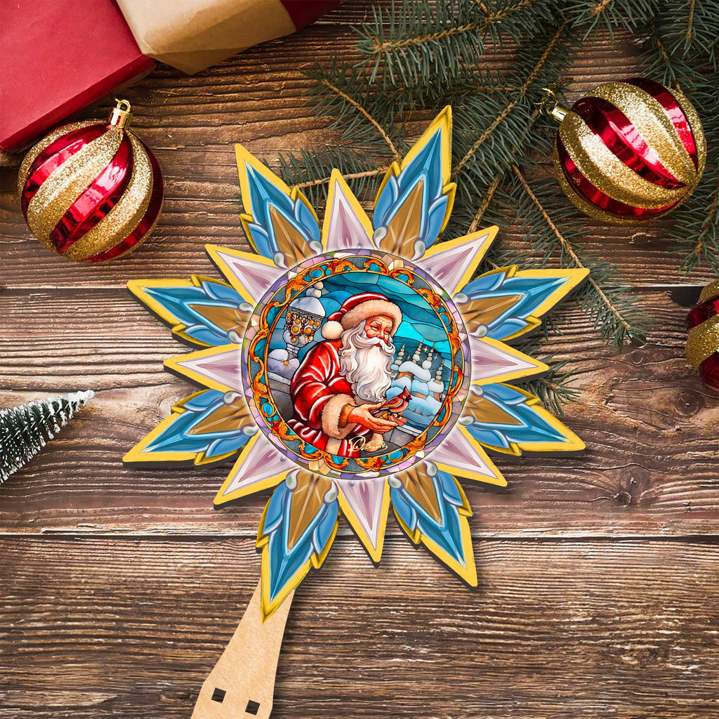 Santa with Cardinal Star Tree Topper Wooden Decor by G. Debrekht - Santa Snowman Decor - 89507