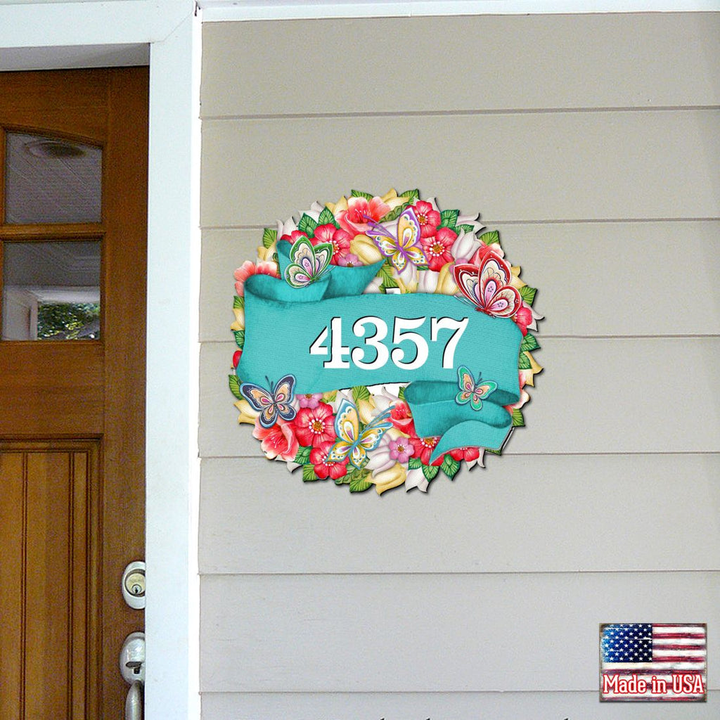 Floral Wreath Wooden Personalized House Number Sign by G. Debrekht - Love Family Kids Decor - Handcrafted Wooden Handcrafted Wooden Address Sign - MA81853033