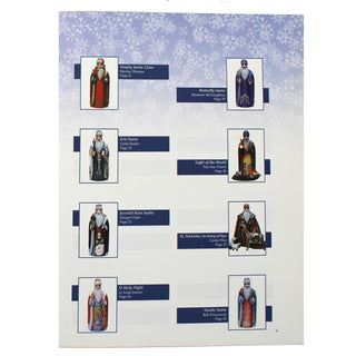 a collection of Santa Claus figurines, each with unique features and designs, arranged in a grid-like pattern.