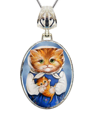 A silver necklace with a circular pendant featuring an illustration of a cat wearing a blue dress and holding a kitten.