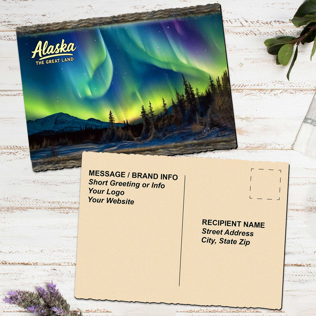 a postcard with a stunning image of the Northern Lights over Alaska, with a message and recipient information below it.