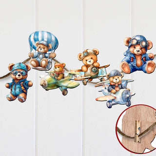 Aviator Teddy Bear Clip-On Eco Wood Decorative Ornaments Set of 6 by G. Debrekht - Christmas Decor - 8090010C-S6