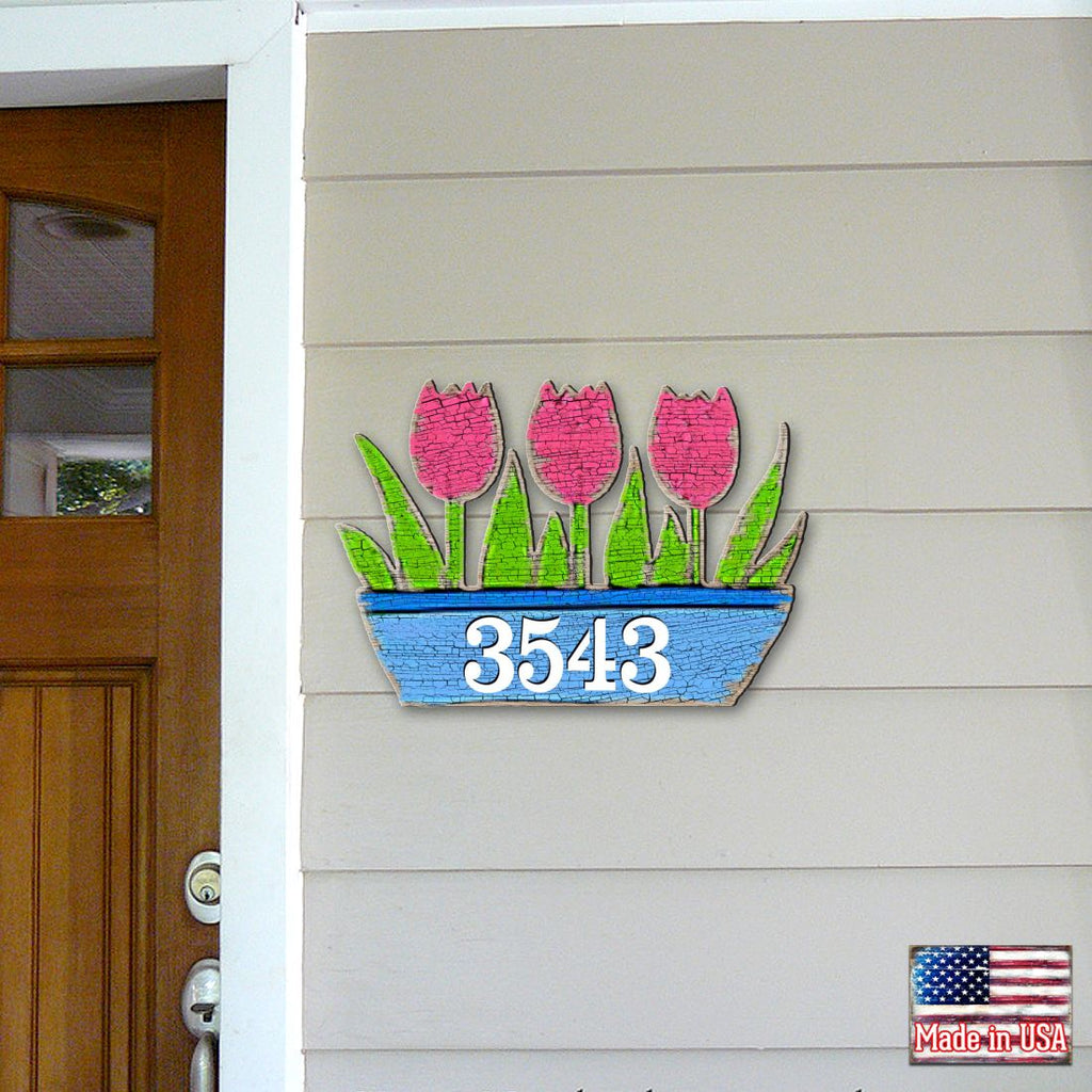 Tulips Pot Floral Personalized House Number Sign by G. Debrekht - Easter Spring Decor - Handcrafted Wooden Handcrafted Wooden Handcrafted Wooden Address Sign - MA989804