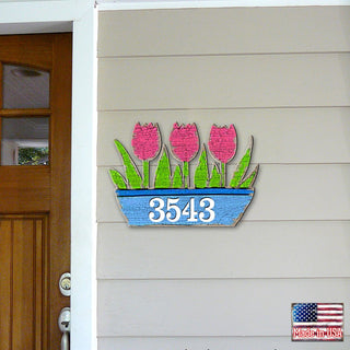 Tulips Pot Floral Personalized House Number Sign by G. Debrekht - Easter Spring Decor - Handcrafted Wooden Handcrafted Wooden Handcrafted Wooden Address Sign - MA989804