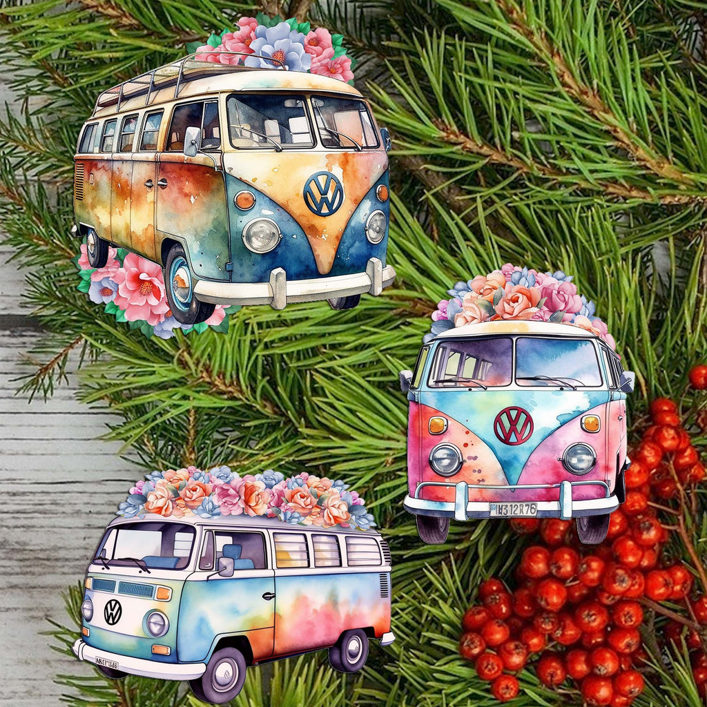 Surf Vans Clip-On Eco Wood Decorative Ornaments Set of 3 by G. Debrekht - Christmas Decor - 8091040C-S3