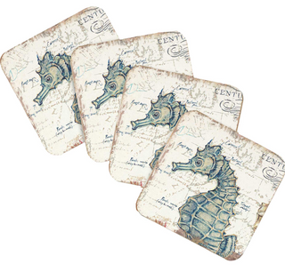 a collection of four square coasters, each featuring a seahorse illustration on a map background.