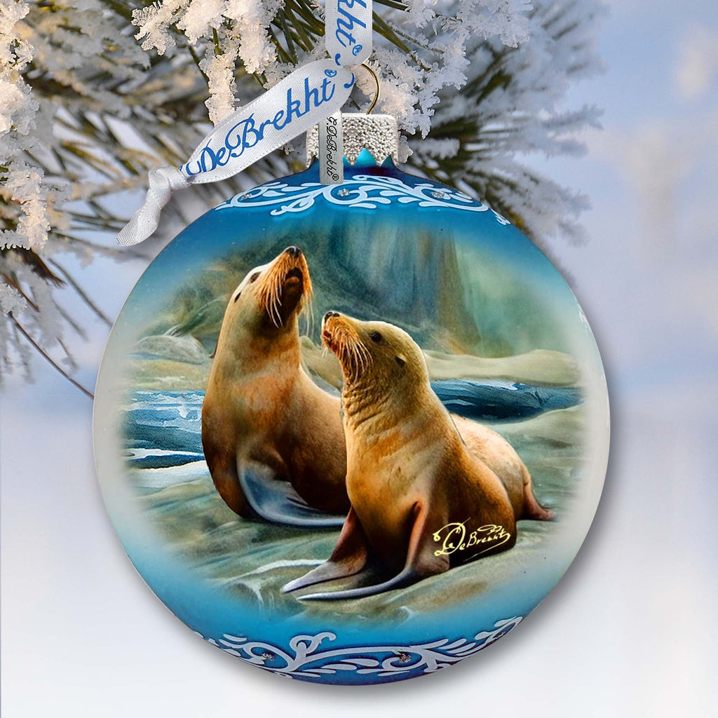 Coastal Sea Lions Glass Ornament by G. Debrekht - Wildlife Holiday Decor - 73388
