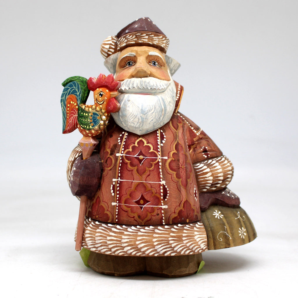One-of-a-Kind - Santa with Rooster WOODCARVED Figurine 5.5x4.5x2.5 by G.DeBrekht - Unique Handcarved and Hand-Painted Collectible