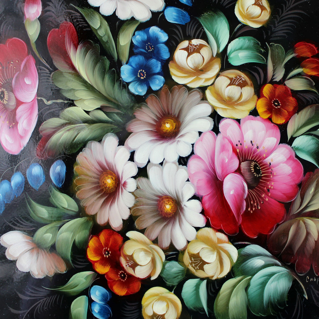 Zhostovo Floral Hand-Painted Black Metal Tray 17x17 - Handmade Kitchenware and Gift One-of-a-Kind Work of Art by G. Debrekht - Functional Kitchenware Table and Unique Wall Decor