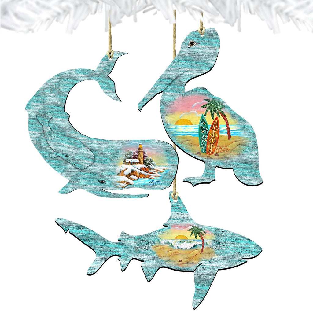 Coastal Wooden Ornaments-Whale,Shark,Pelican-Set of 3 by G. DeBrekht - Coastal Holiday Decor - 8100047S3
