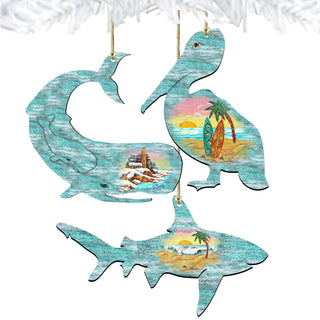 Coastal Wooden Ornaments-Whale,Shark,Pelican-Set of 3 by G. DeBrekht - Coastal Holiday Decor - 8100047S3