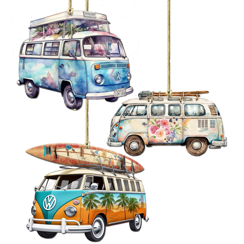 Surf Vans Decorative Eco Wood Ornaments Set of 3 by G. Debrekht - Coastal Decor - 8091040-S3