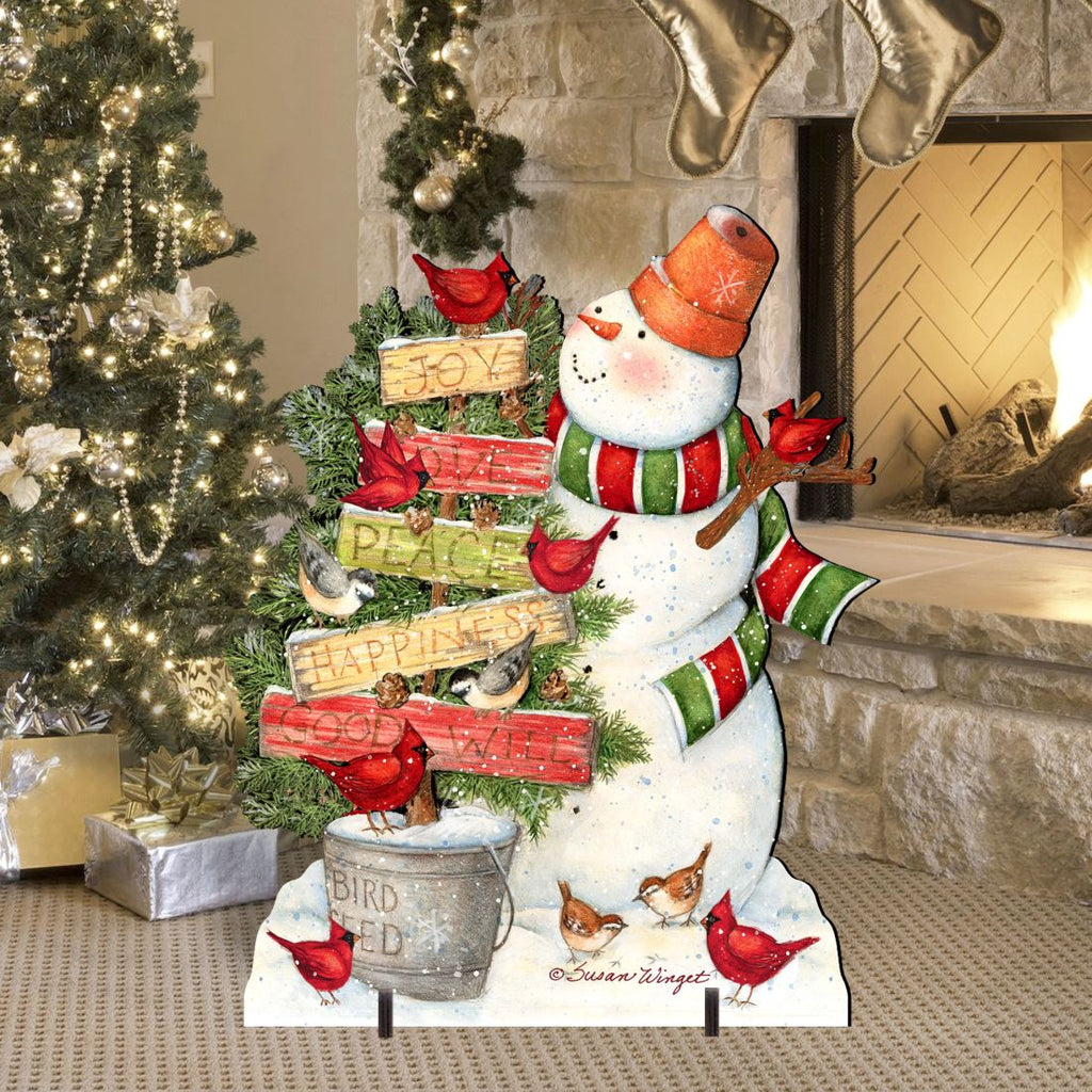 Joy Love and Peace Snowman Christmas Outdoor Scene by Susan Winget - Christmas Santa Snowman Decor - 8471108F-SW