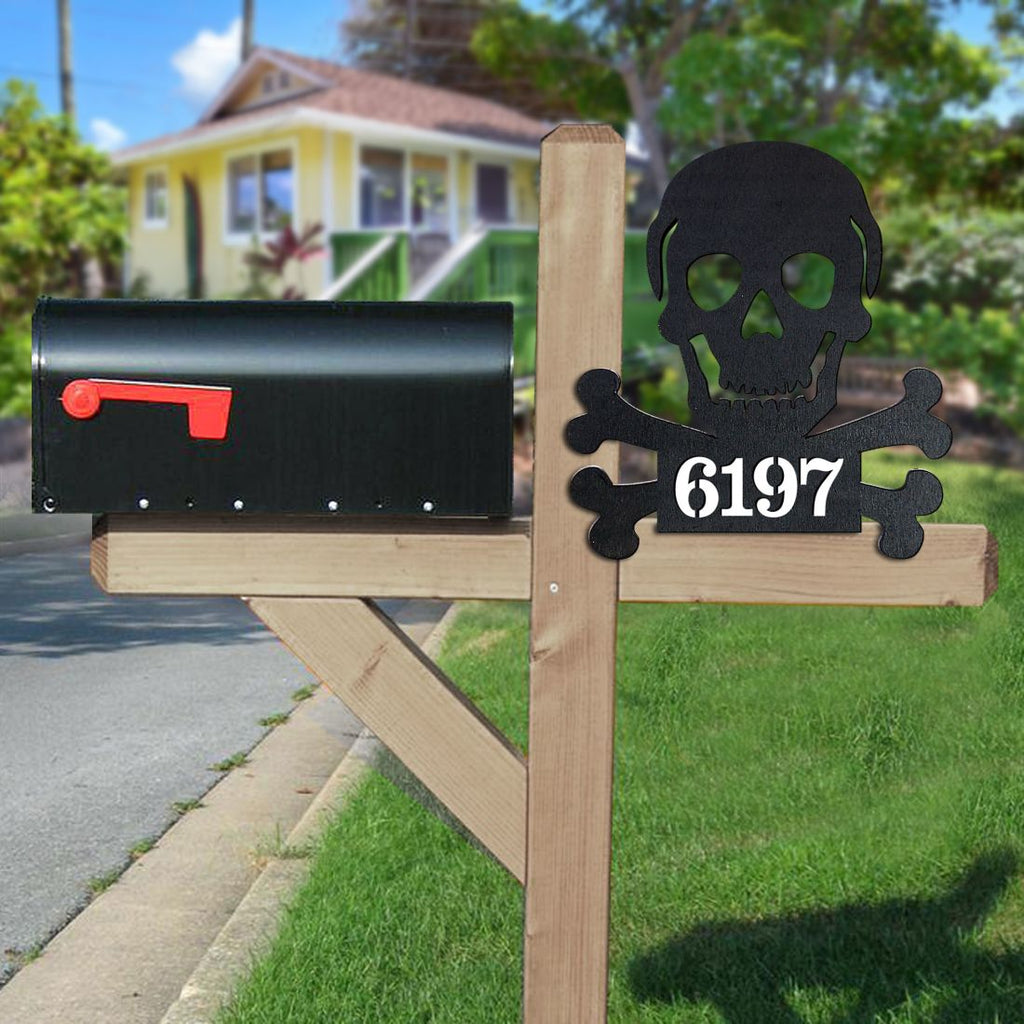 Skull and Bones Wooden Personalized House Number Sign by G. Debrekht - Thanksgiving Halloween Decor - Handcrafted Wooden Address Sign - MA8198443