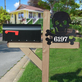 Skull and Bones Wooden Personalized House Number Sign by G. Debrekht - Thanksgiving Halloween Decor - Handcrafted Wooden Address Sign - MA8198443