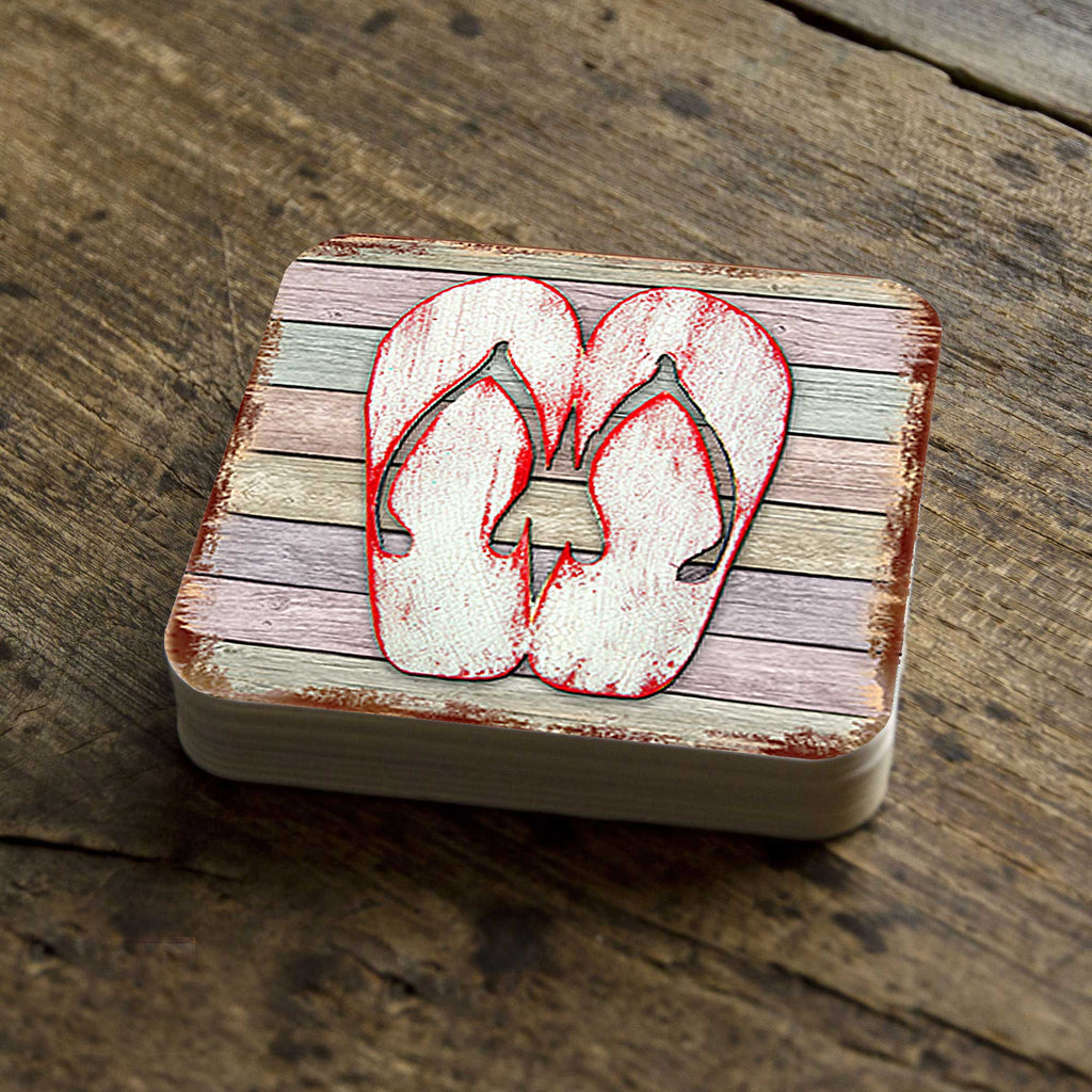 Flip Flops Coastal Wooden Cork Coasters Gift Set of 4 by Nature Wonders - Coastal Sea-Life Decor - 8198523-9C-S4