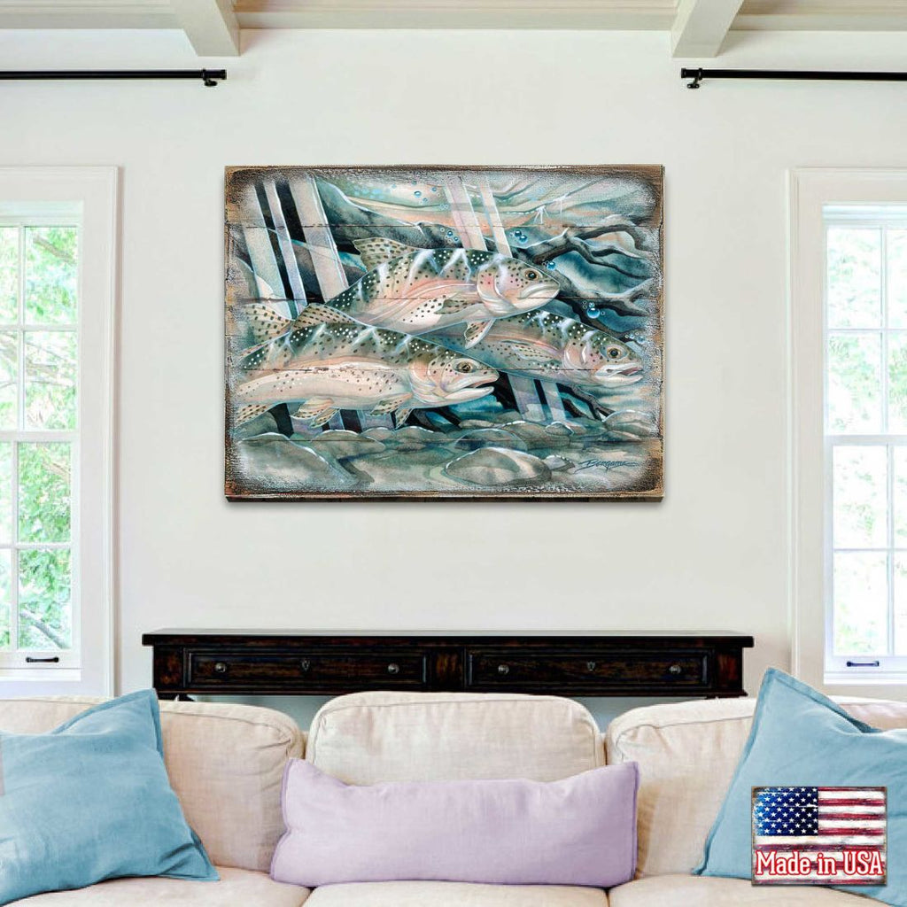 Catch the Rainbow Trout Wooden Wall Art by J. Bergsma - Nature Wildlife Decor - 8592674BP-JB