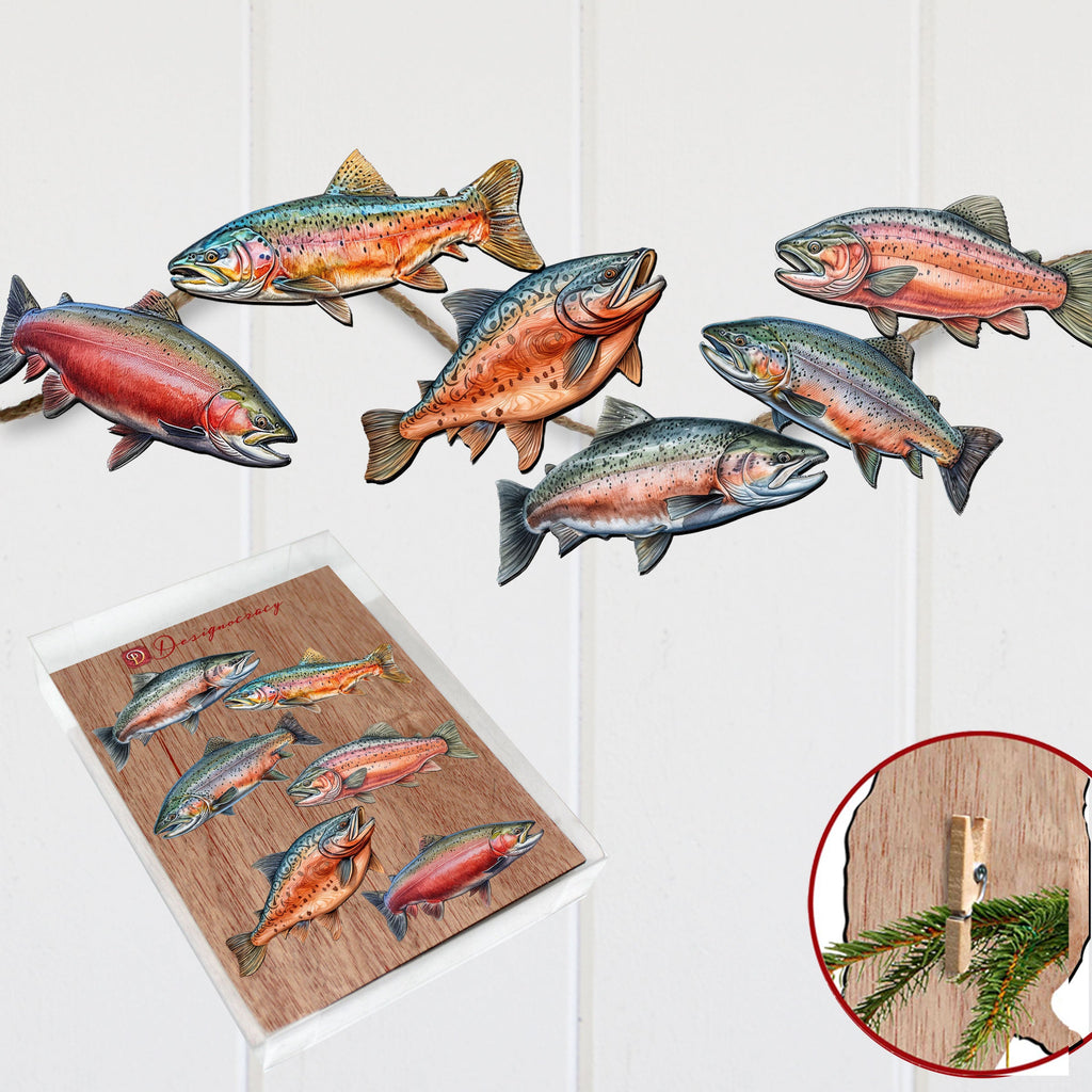 Wild Salmon Tales Clip-On Eco Wood Decorative Ornaments Set of 6 by G. Debrekht - Wildlife Decor - 8090109C-S6