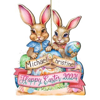 Personalized Easter Ornaments, Personalized Gift, Easter Basket Tag - Happy Easter Bunnies Wooden Ornaments by G. Debrekht Easter Spring Decor - 8652782P-24