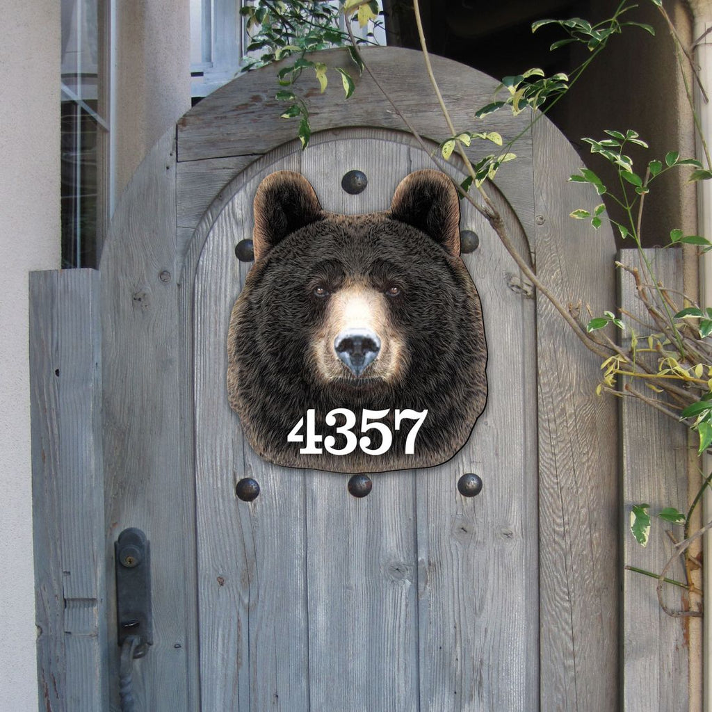 Bear Log Cabin Wooden Personalized House Number Sign by G. Debrekht - Nature Wildlife Decor - Handcrafted Wooden Address Sign - MA982145