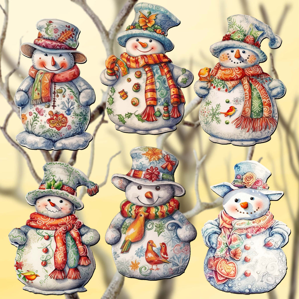 Snowman Clip-On Eco Wood Decorative Ornaments Set of 6 by G. Debrekht - Christmas Decor - 8090023C-S6