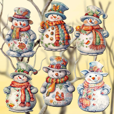 Snowman Clip-On Eco Wood Decorative Ornaments Set of 6 by G. Debrekht - Christmas Decor - 8090023C-S6